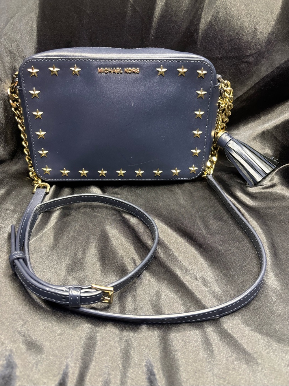 Michael Kors Navy Leather Star-Studded Crossbody with Tassel
